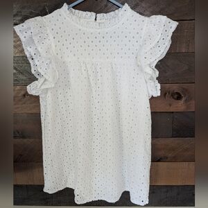 BTFBM Women's White Eyelet Ruffle Sleeve Top Size M 100% Cotton